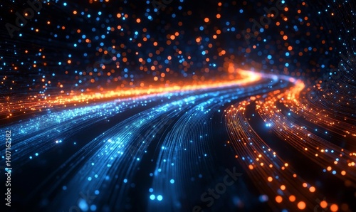 Optical data concept depicted by abstract glowing lines on a dark background. The high speed, vast capacity data transmission enabled by optical fiber