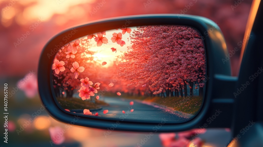 Car mirror sunset reflection flowers Car mirror sunset reflection flowers
