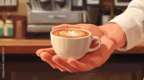 barista offers a fresh brewed coffee cup to go during a peaceful coffee break moment with morning aroma and energy inside a cozy cafe with casual atmosphere and friendly service