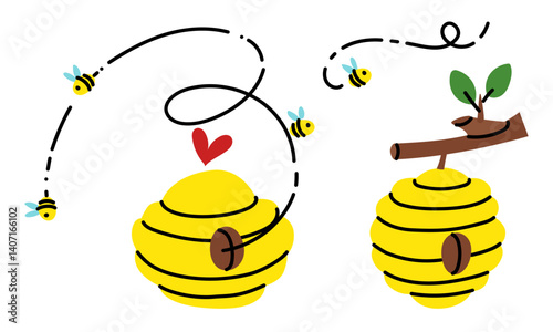 set of yellow bee hives, bees are flying. beehive with heart, beehive on branch highlighted on white. beehive with bee flight lines. house insect bees. illustration an isolated object. Flying Swarm
