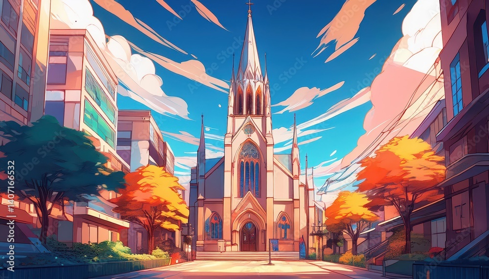 Obraz premium Vibrant Animestyle Urban Church Amidst a Bustling Japanese Cityscape, Brimming with Energy and Culture at Dusk.
