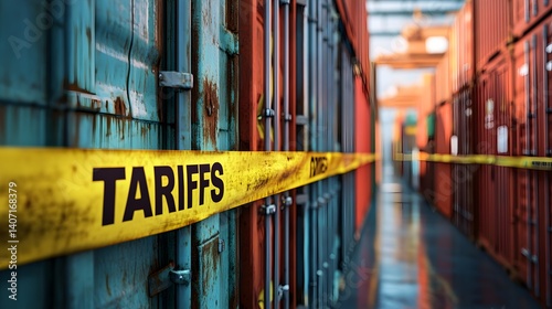 Shipping containers lined in a warehouse marked with caution tape regarding tariffs at a bustling logistics facility photo