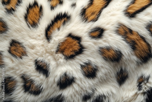 White Snow Leopard skin texture with copy space. Close-up snow leopard pattern. Big Cat fur. White leopard spots. Realistic snow leopard skin. Snow leopard design texture. Detailed snow leopard skin c