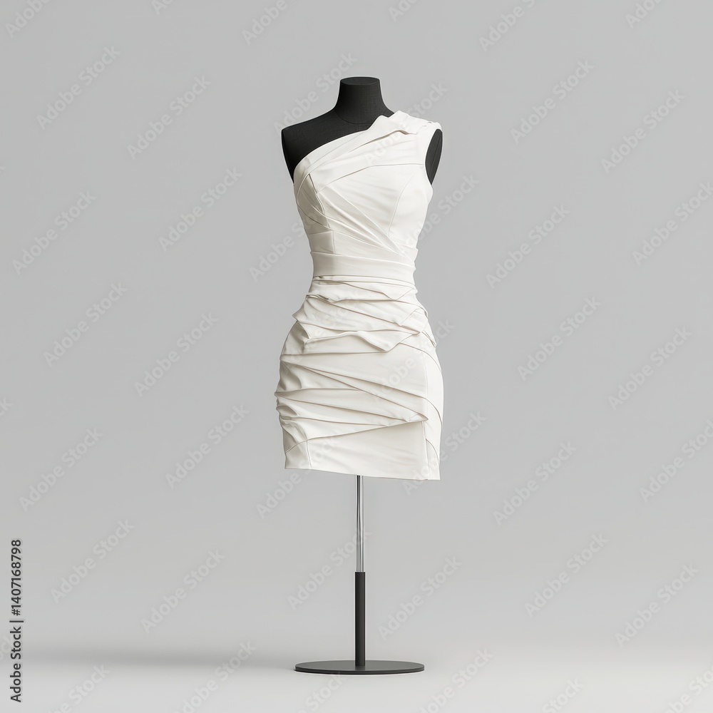 14041403 46 Sculpted minimalist dress on mannequin, neutral tone background, soft studio gradient light