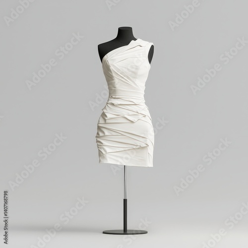 Obraz na płótnie 14041403 46 Sculpted minimalist dress on mannequin, neutral tone background, soft studio gradient light w salonie