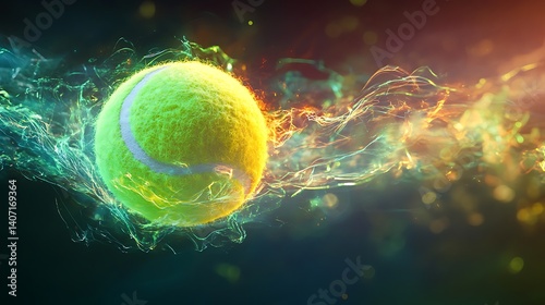 Luminous neon tennis ball breaking apart mid-air with layered double exposure energy waves radiating outward
