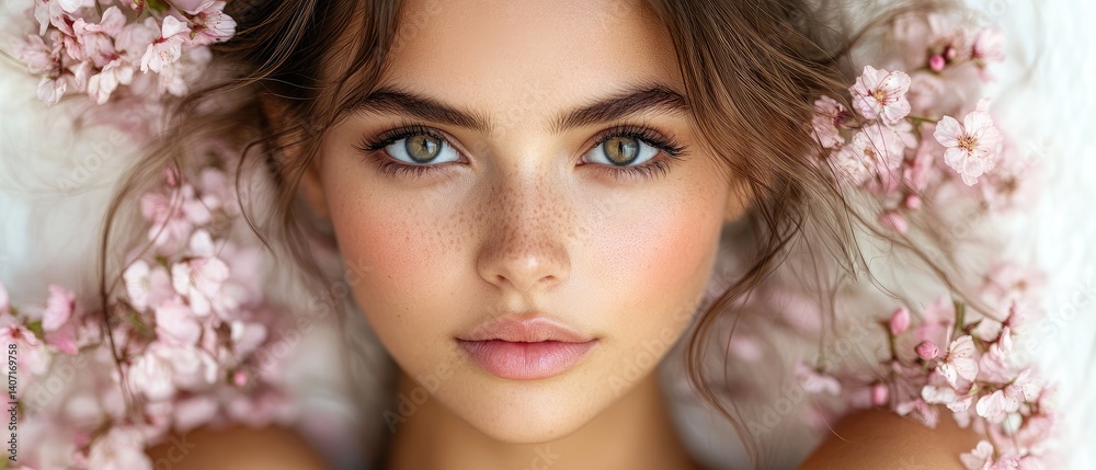 Naklejka premium Portrait of a girl with light brown hair and light skin adorned with pink blossoms