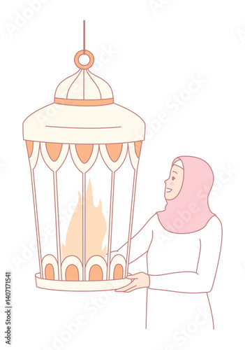 A woman dressed in a beautiful hijab is holding an ornate lantern, symbolizing warmth and inviting light