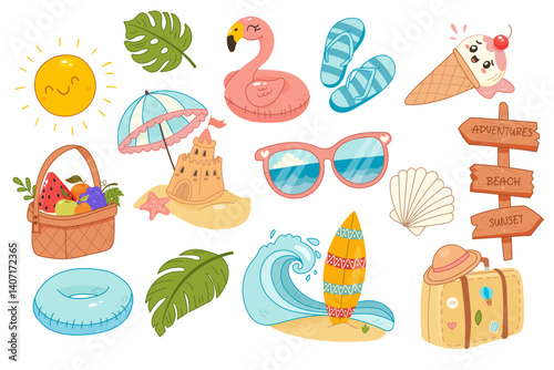 Collection of cute summer vacation icons and beach elements