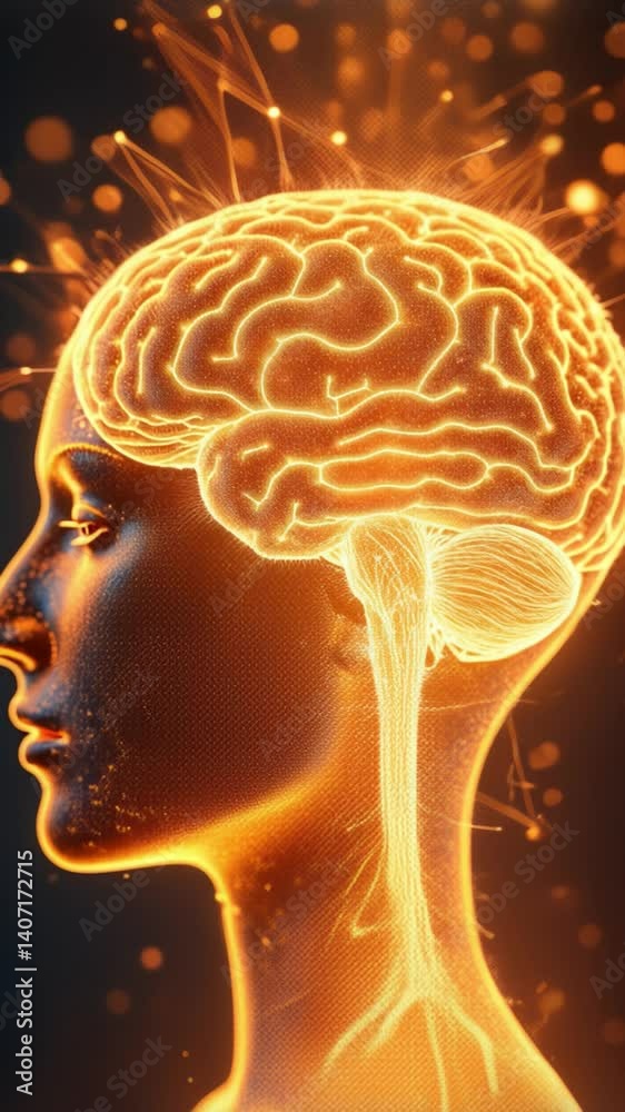 Golden neural brain network illuminated with digital sparks