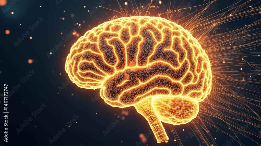 Golden neural brain network illuminated with digital sparks