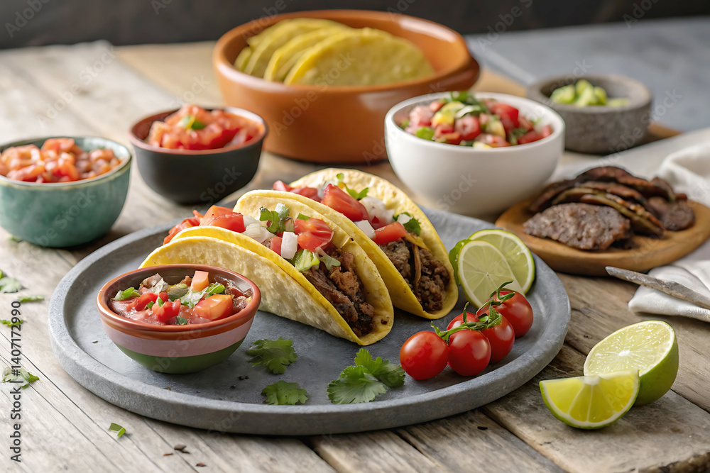 Vibrant Taco Platter with Fresh Toppings: Rustic Table Setting with Salsa, Lime, and Vegetables for Food Lovers Vibrant Taco Platter with Fresh Toppings: Rustic Table Setting with Salsa, Lime, and Vegetables for Food Lovers