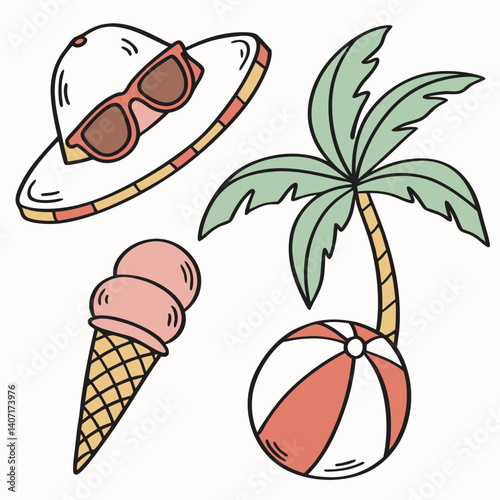 ice cream cone with fruit, cartoon summer icons doodle