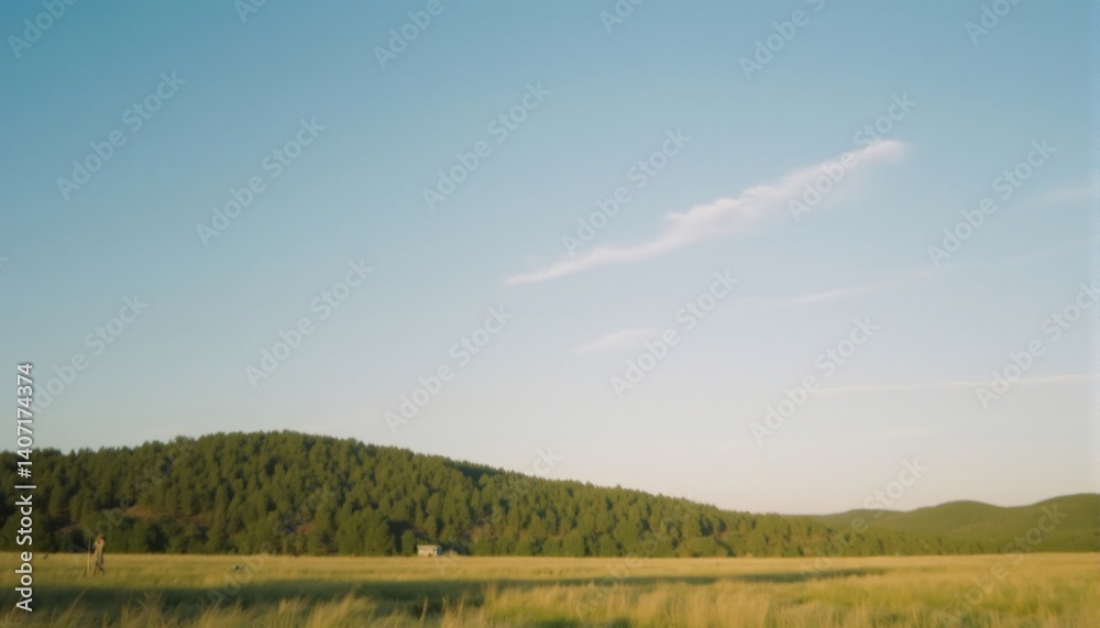 Serene Meadow Landscape: A vast expanse of golden grassland stretches towards a distant forested hillside, with a hint of white cloud traversing the vast expanse of azure blue sky. Serene Meadow Landscape: A vast expanse of golden grassland stretches towards a distant forested hillside, with a hint of white cloud traversing the vast expanse of azure blue sky.