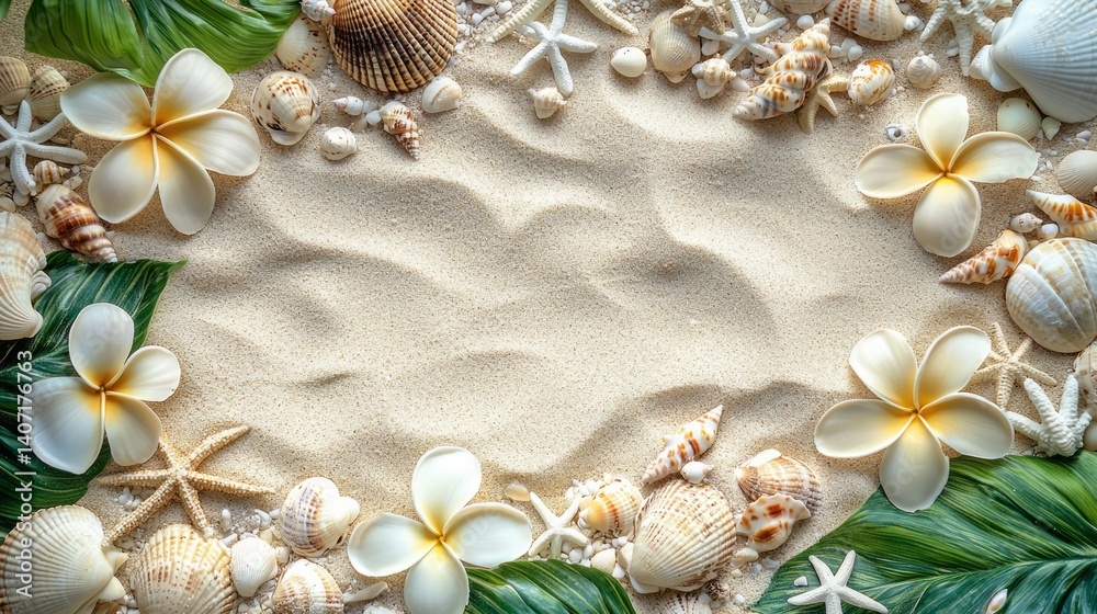 A beach scene with shells, flowers, and a leaf A beach scene with shells, flowers, and a leaf
