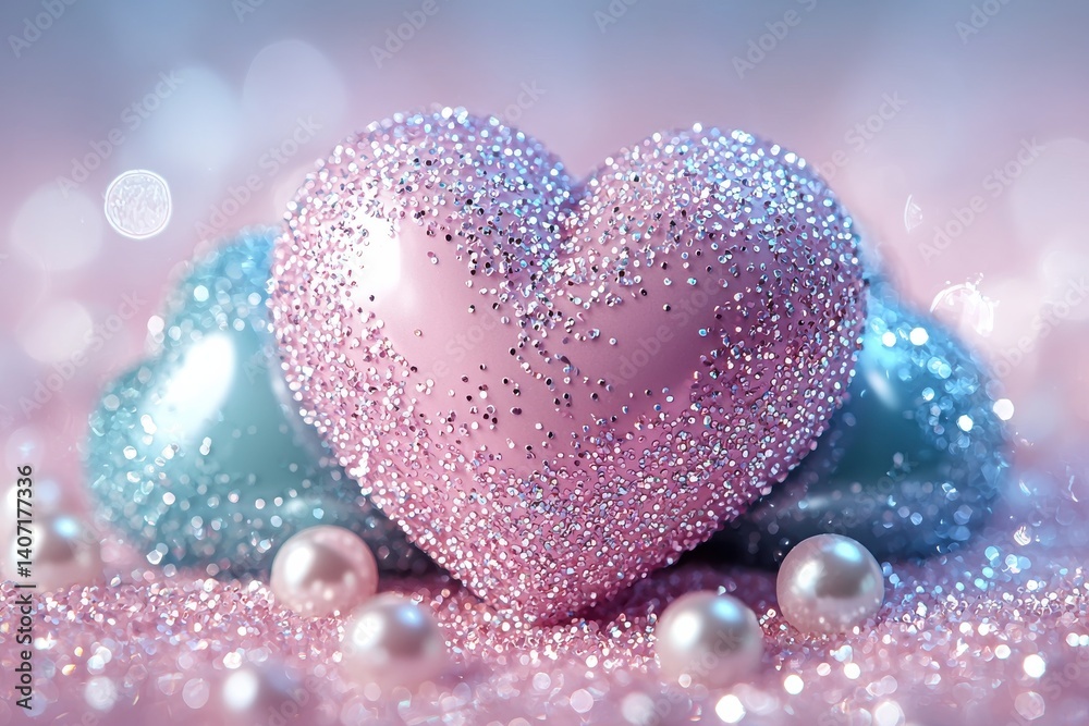 Obraz premium Pink and teal glitter hearts with pearls on shimmering surface