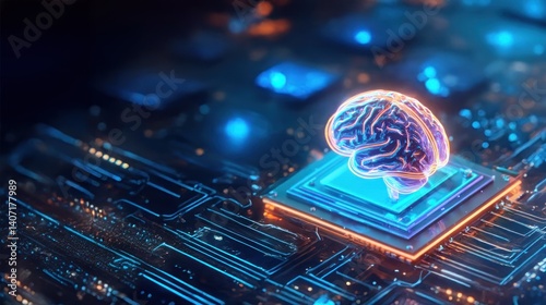 Digital brain hovers above tech chip in soft background, symbolizing Neuromorphic Computing using neuromorphic chip and digital brain power