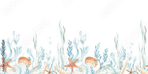 Seashells and seaweed seamless horizontal watercolor pattern. Hand drawn border with starfish, bubbles, underwater plants and shells. Template for textile design, label, fabric and wallpaper.