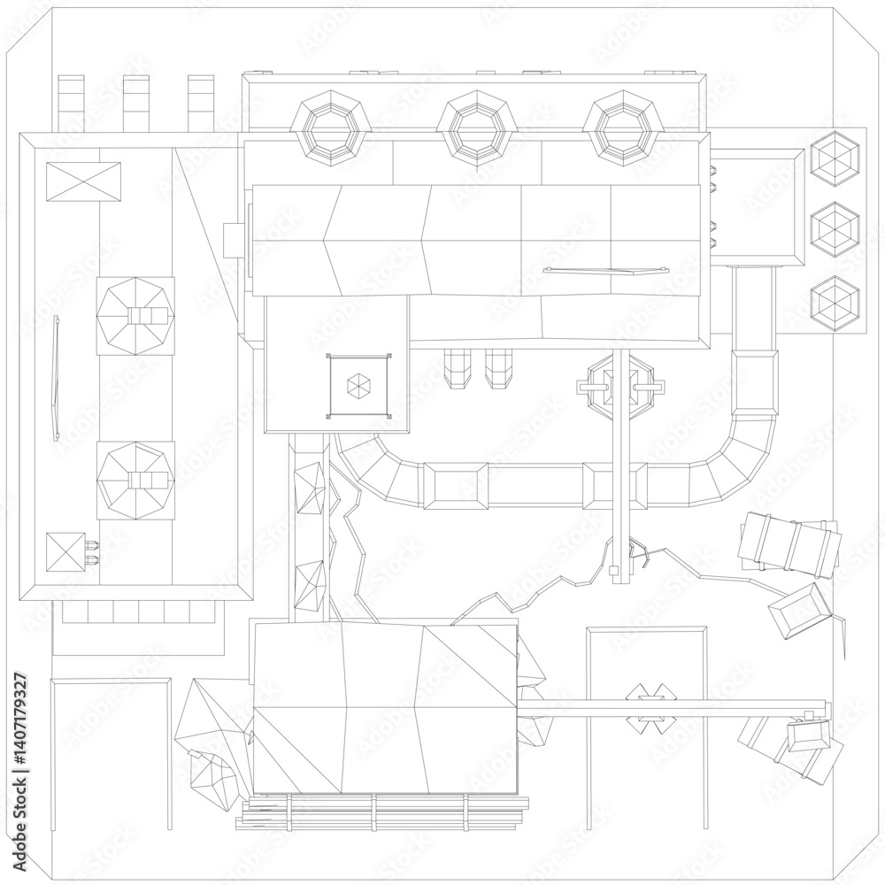 A drawing of a Factory wireframe. Top view A drawing of a Factory wireframe. Top view