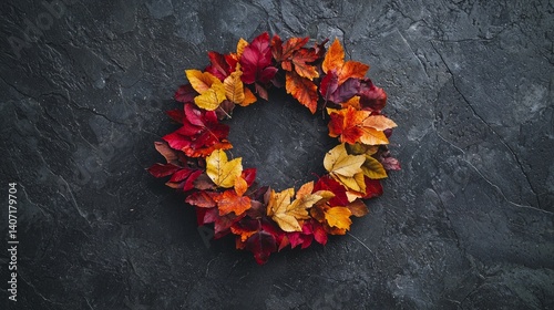 Vibrant Autumn Wreath Crafted from Fallen Leaves of Various Colors
