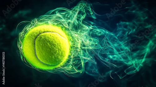 Shocking neon tennis ball explosion forming dazzling swirls of pure energy in a vibrant double exposure effect