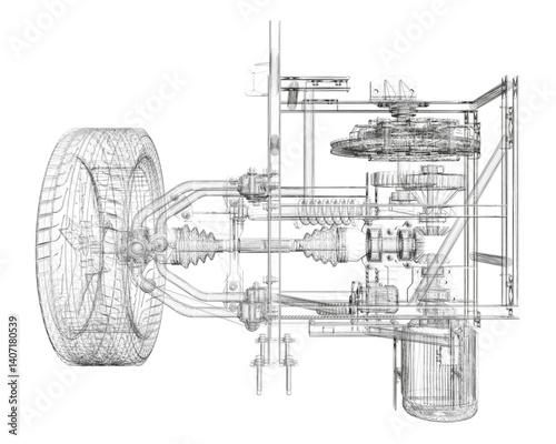 A drawing of a car engine with a lot of detail. The engine is a complex piece of machinery with many parts. The drawing is in black and white and has a very realistic look to it