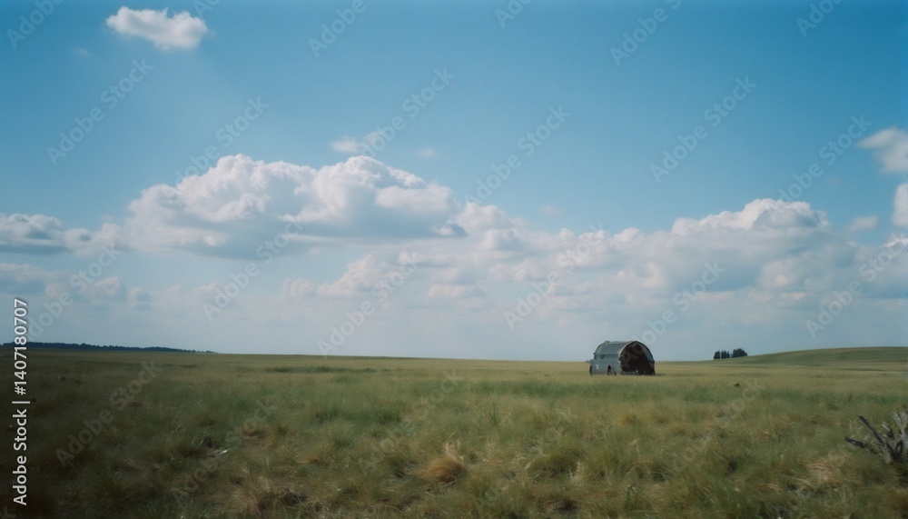 Fototapeta premium Prairie Serenity: A panoramic shot unveils a serene prairie, dominated by a vibrant expanse of grassy field under a vast sky, evoking a sense of tranquility and timelessness.