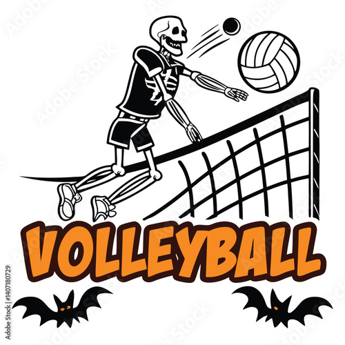 Skeleton Volleyball Player Spiking Ball At Net Halloween Theme Vector Illustration