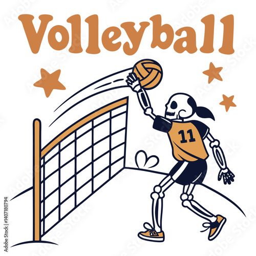 Volleyball Skeleton Spiking Ball Over Net With Stars And Retro Typography