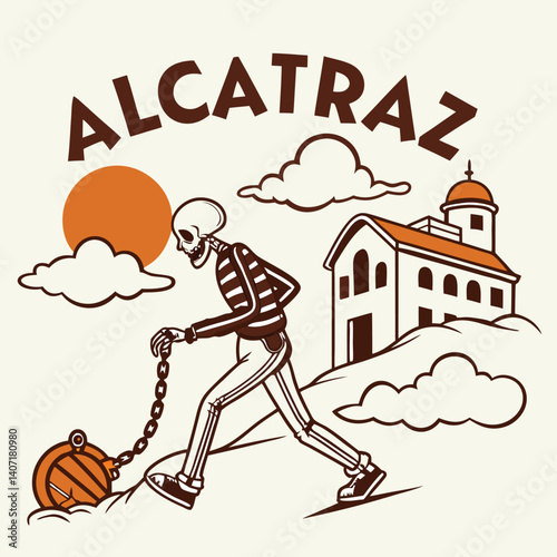 Alcatraz Skeleton Prisoner Graphic With Sunset And Historic Building Illustration