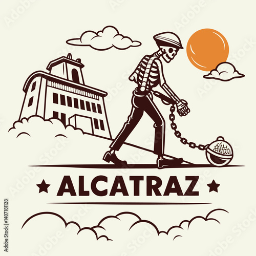 Skeleton Prisoner Walking Away From Alcatraz With Ball And Chain Graphic Art