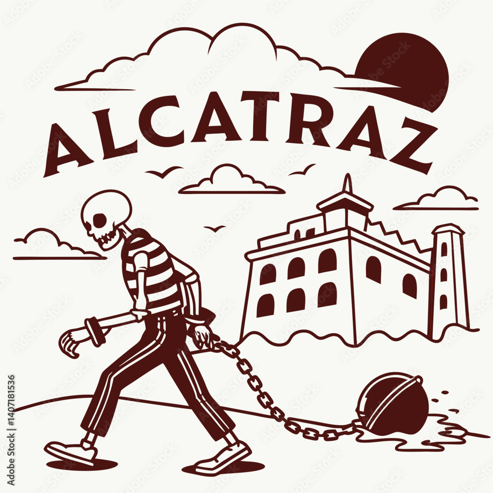 Obraz premium Alcatraz Illustration Of A Skeleton Prisoner With Ball And Chain Vector Graphic