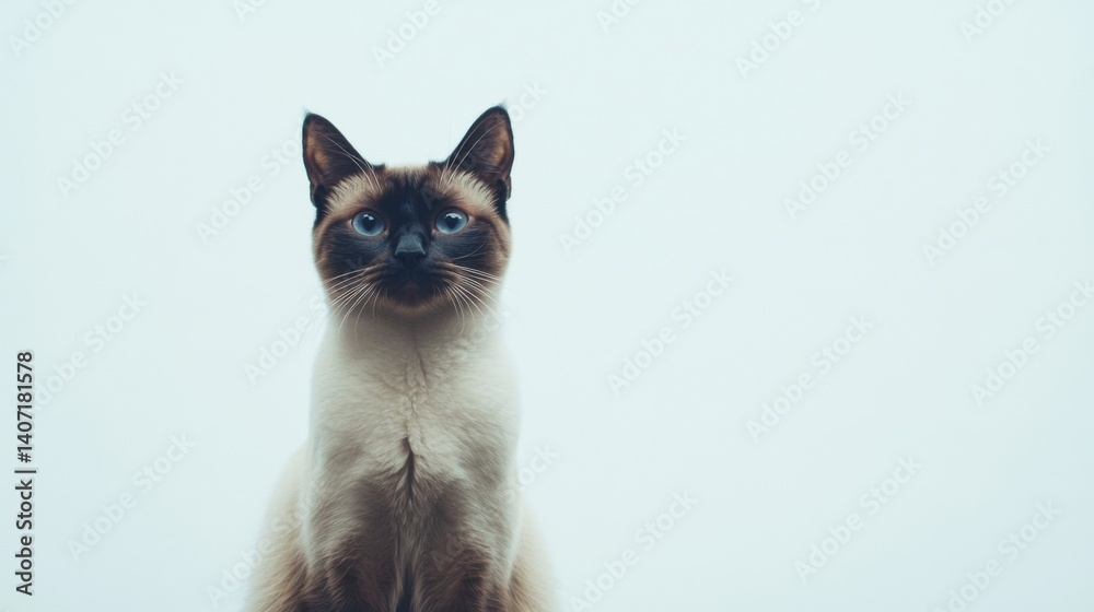 Obraz premium Siamese cat is sitting on a white background. Looking forward. The cat's eyes are wide open, giving it a curious and alert appearance . Copy space