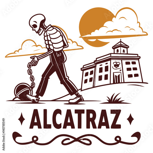 Alcatraz Prison Skeleton With Ball And Chain At Sunset Vector Illustration