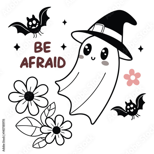 Cute Cartoon Halloween Illustration Of A Ghost With Bats And Flowers