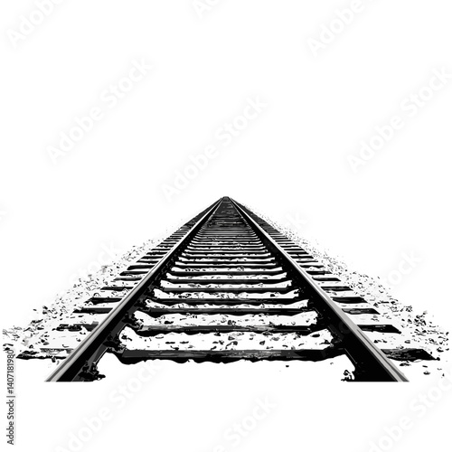 Railroad tracks in black and white perspective on white background