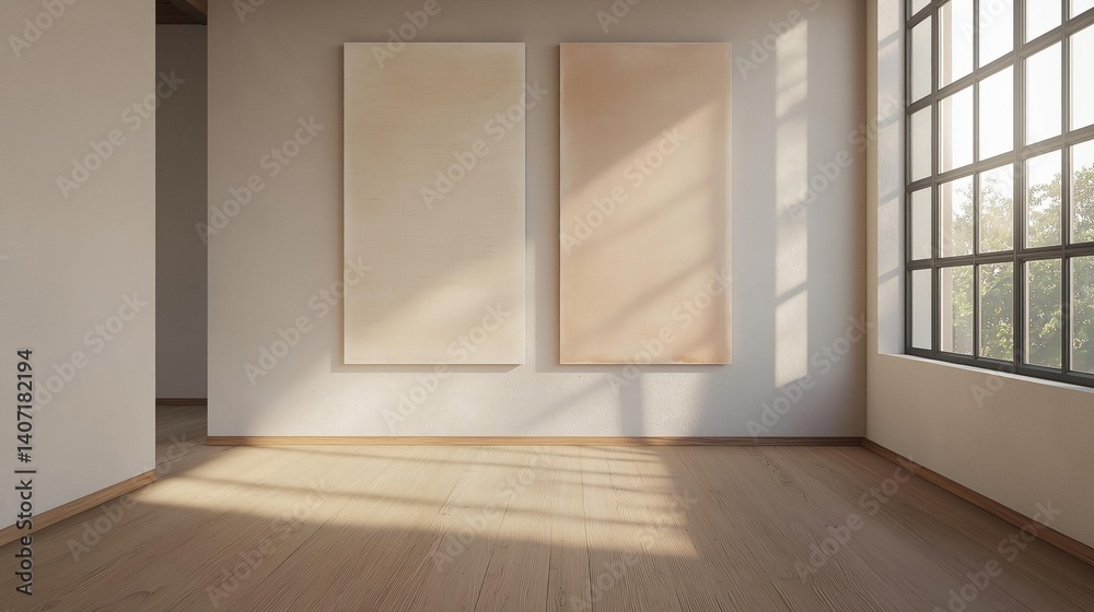 Fototapeta premium Empty room with a large window on the right side. the room has wooden flooring and white walls. on the left side of the image, there is a large white door that leads to another room.