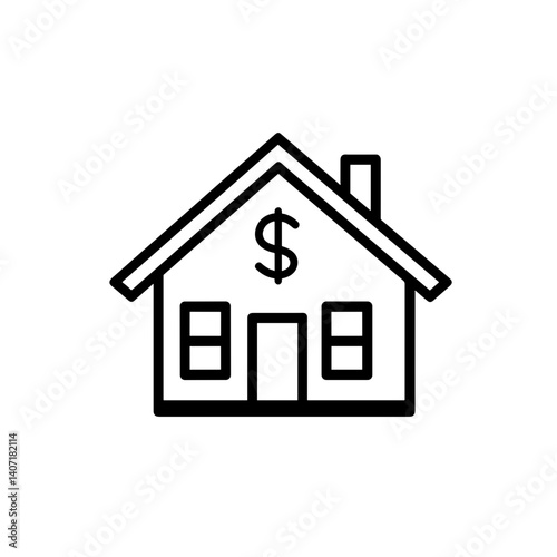 House with dollar sign icon in black outline on white background