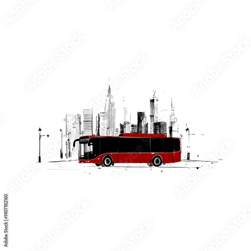 Red city bus with urban skyline in sketch style on white background
