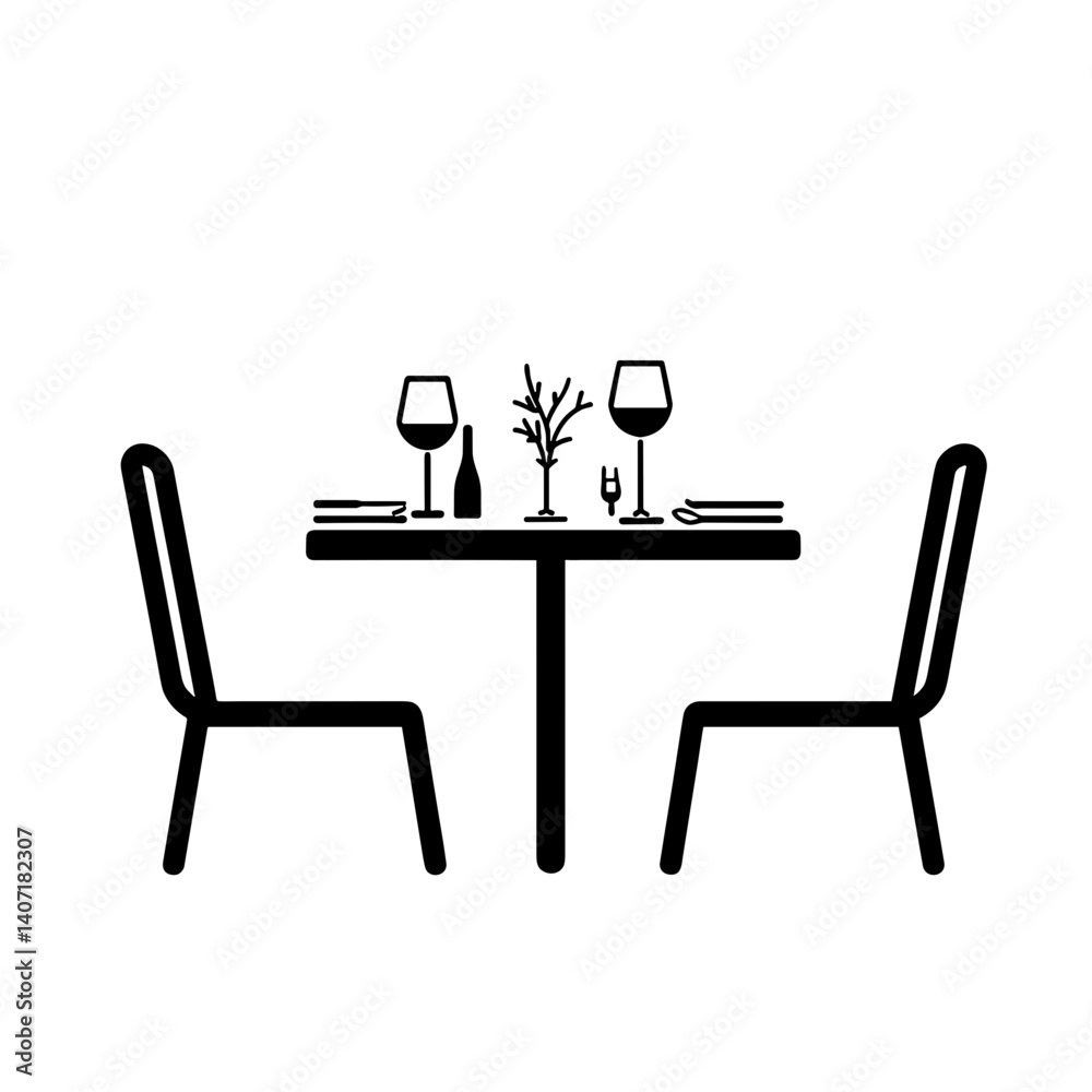 Romantic dinner table icon in black and white minimal style Romantic dinner table icon in black and white minimal style