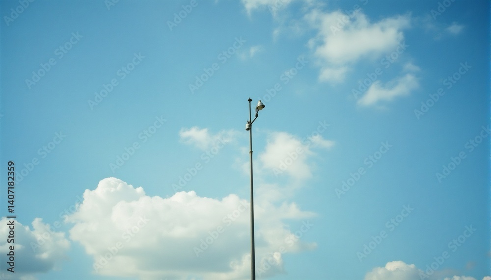 Cloudy Skies with a Pole: A solitary utility pole pierces a vibrant blue sky adorned with fluffy clouds, creating a sense of serene contrast between man-made and natural elements. Cloudy Skies with a Pole: A solitary utility pole pierces a vibrant blue sky adorned with fluffy clouds, creating a sense of serene contrast between man-made and natural elements.