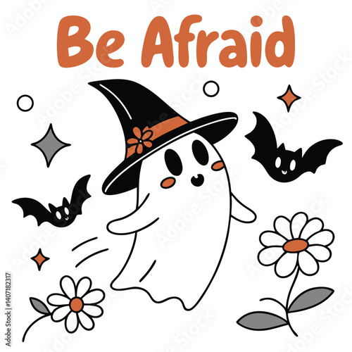 Cute Halloween Ghost With Witch Hat Bat And Daisy Isolated On White