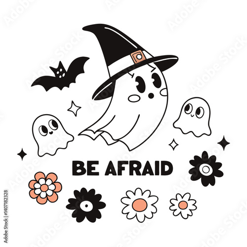Spooky Halloween Cartoon Vector With Ghost Witch Bat And Flowers Design