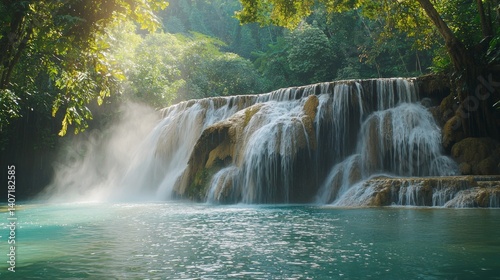 Serene Waterfall Scene on a Bright Day Full of Natural Beauty