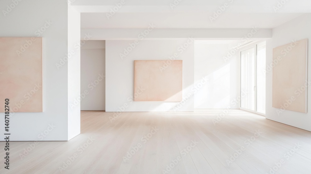 Fototapeta premium Empty room with white walls and wooden flooring. the room has a large window on the right side, allowing natural light to enter the space.