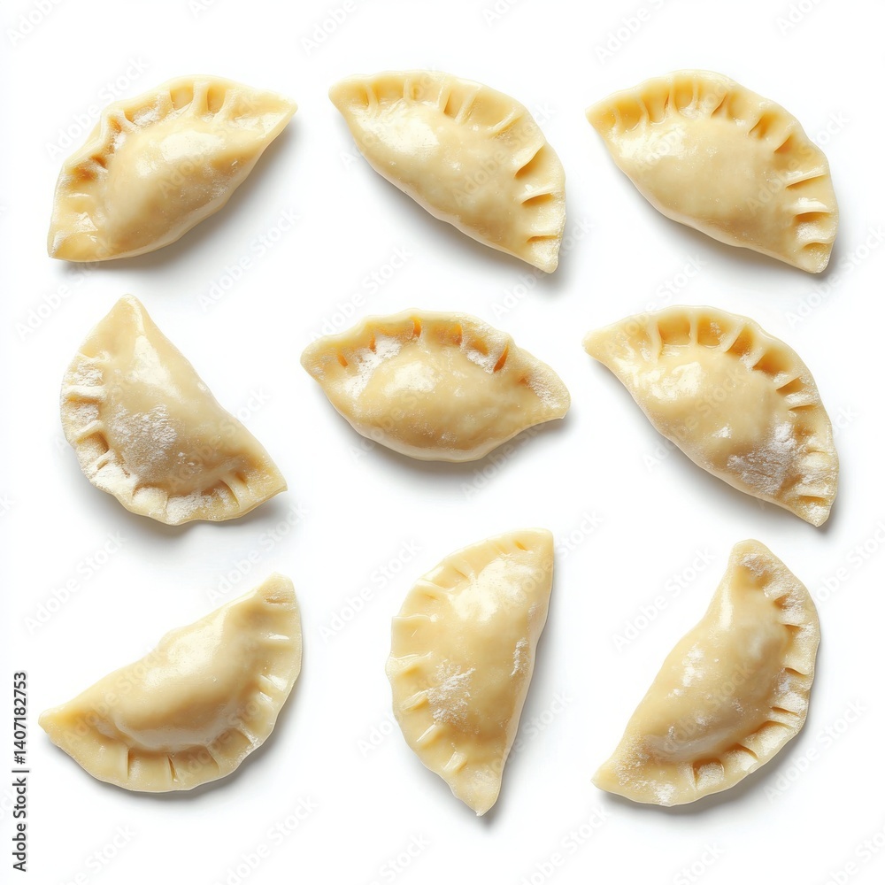Isolated set of delicious Polish pierogi dumplings on a white backdrop. Isolated set of delicious Polish pierogi dumplings on a white backdrop.
