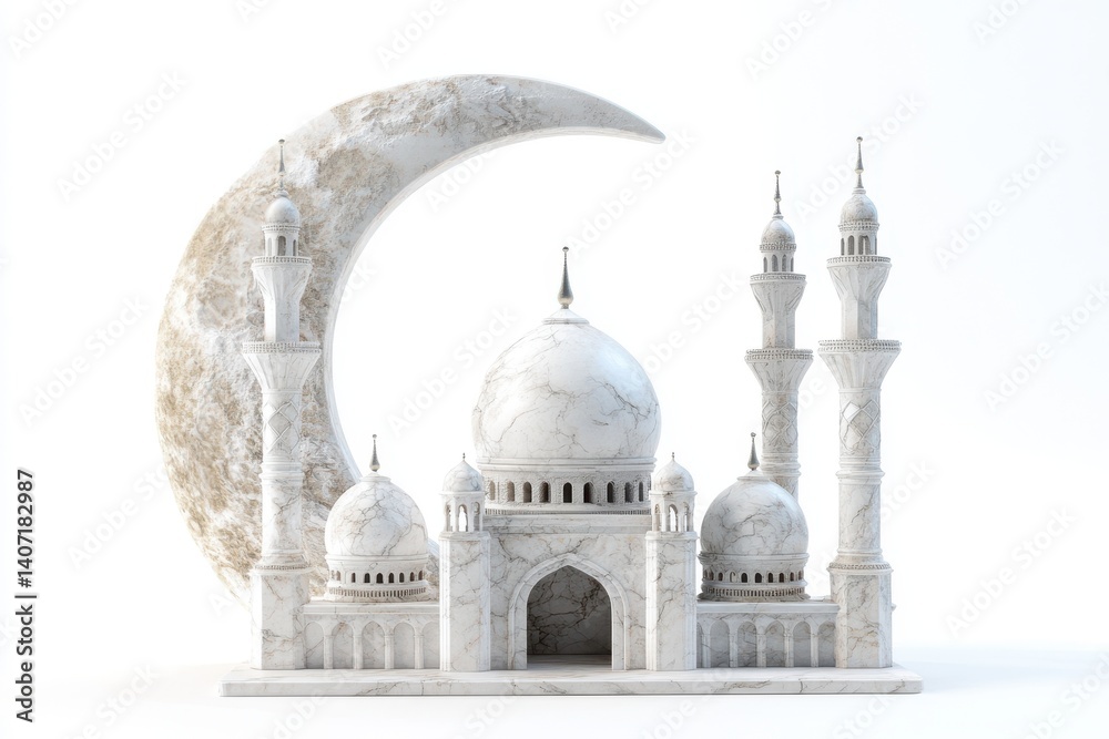 Naklejka premium 3D Moon and Mosque Illustration Isolated and White Background