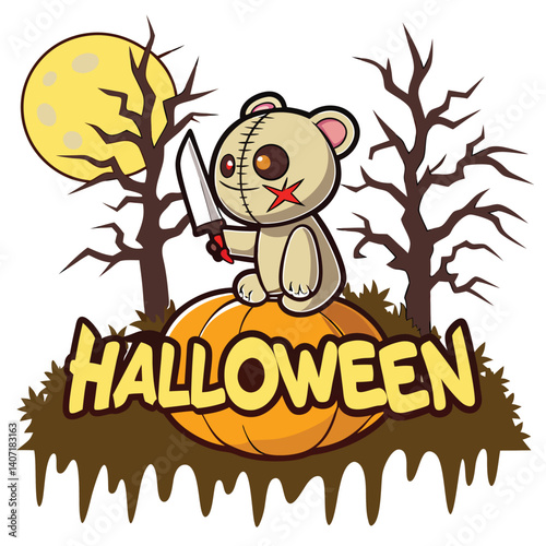 Halloween Spooky Cartoon Illustration Creepy Bear With Knife On Pumpkin