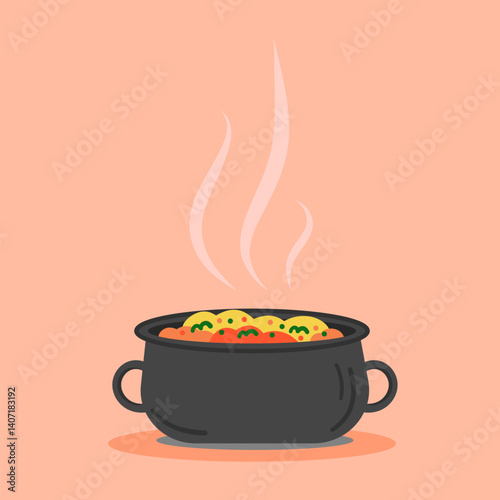 Steaming pot filled with different vegetables on a light background.
