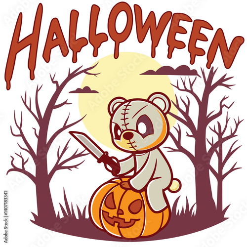 Halloween Horror Spooky Teddy Bear Carving Pumpkin With Knife In Moonlight Night Cartoon